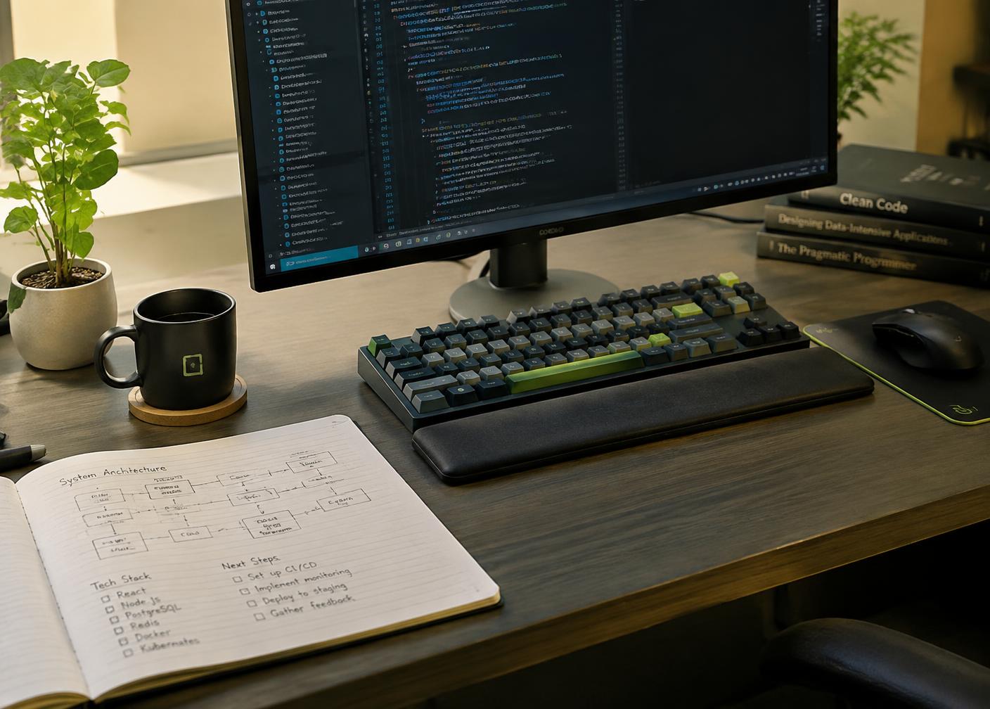 Developer workspace with code on screen and an architecture sketch in a notebook