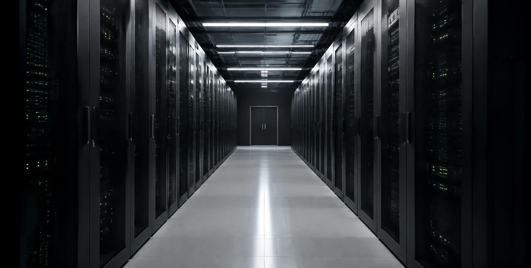 Data centre aisle with rows of server cabinets